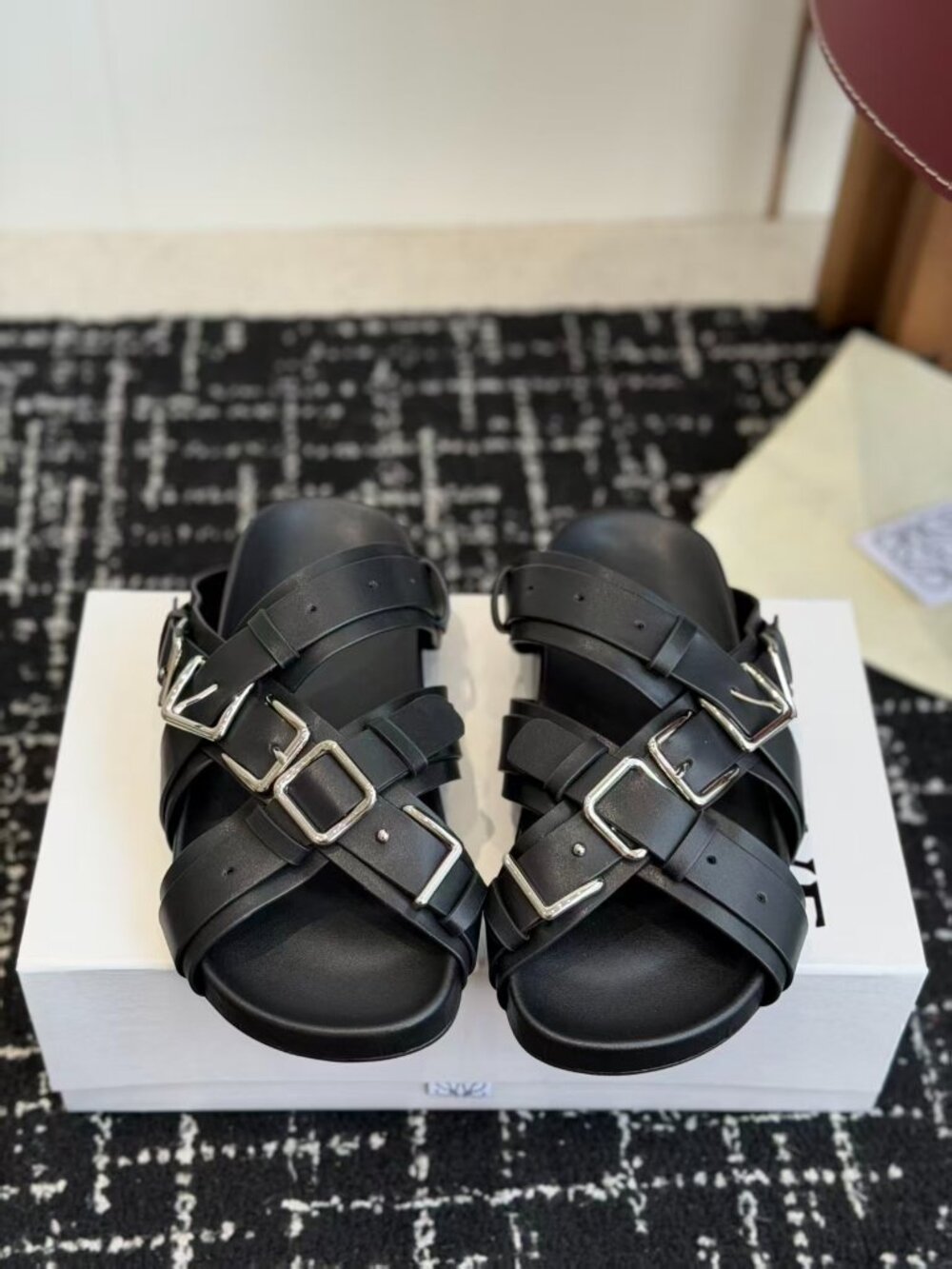 Loewe Black Multi Buckle Crisscross Slide Sandals